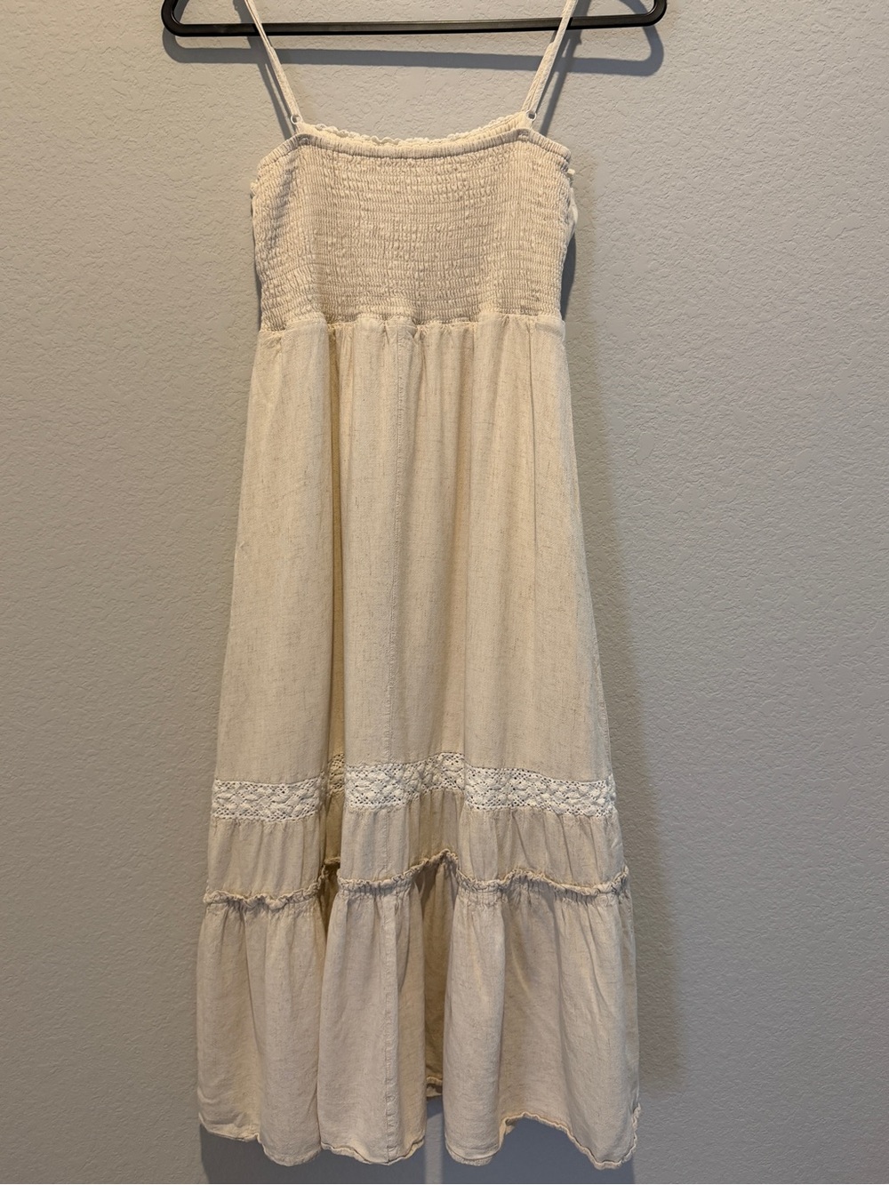 Linen Blend Smocked Midi Dress Large Cottagecore Boho Crochet Lace Cream